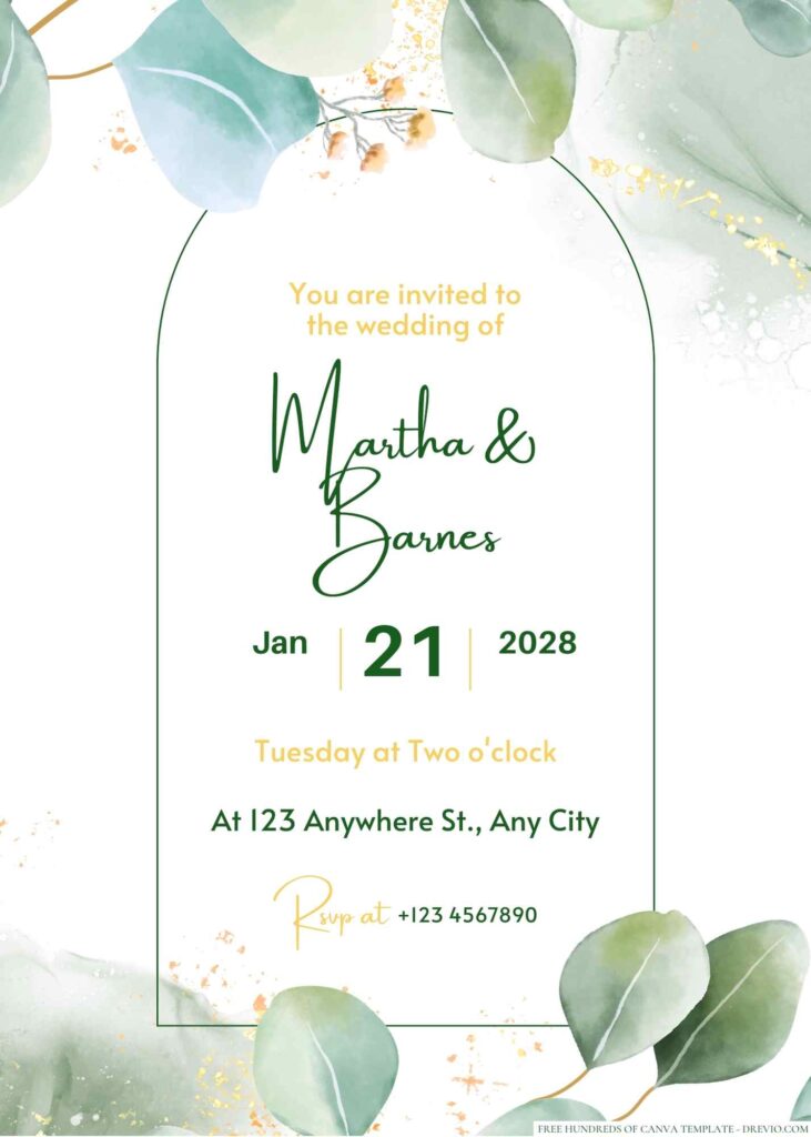 Free Editable Minimalist Greenery Dark Leaves Wedding Invitation