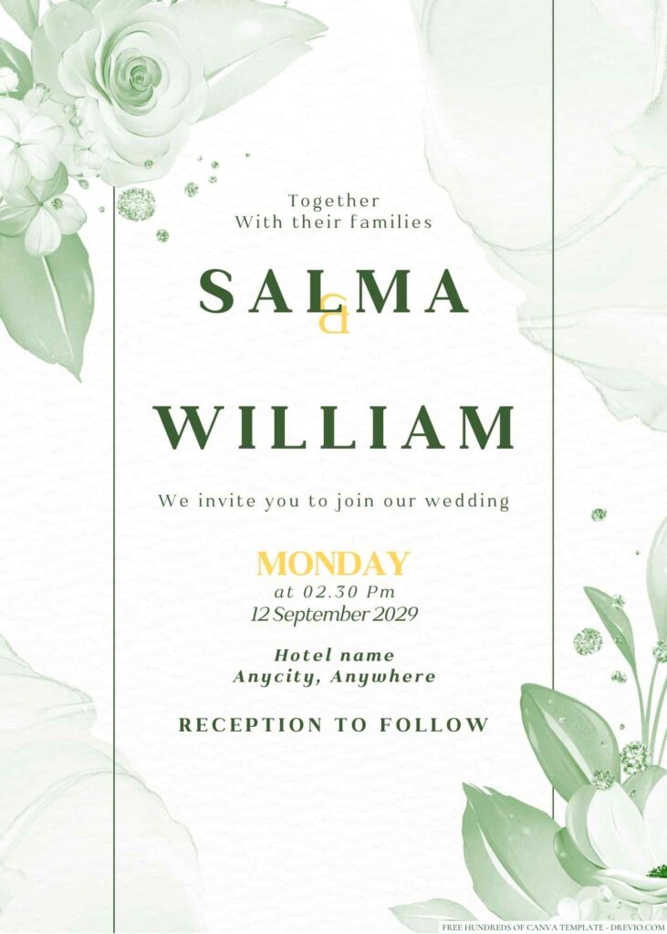 Free Editable Minimalist Green Pastel Floral Wedding Invitation