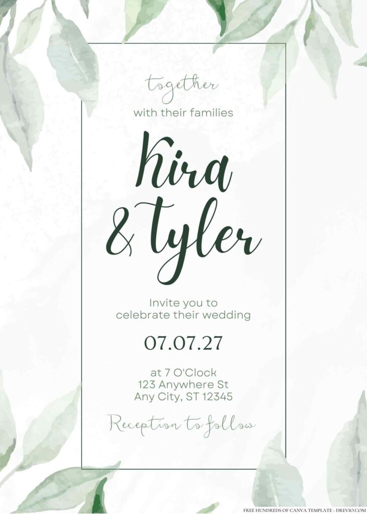 Free Editable Minimalist Greenery Pastel Floral Leaves Wedding Invitation