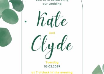 Free Editable Minimalist Green Pastel Leaves Wedding Invitation