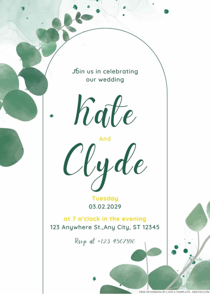 Free Editable Minimalist Green Pastel Leaves Wedding Invitation 
