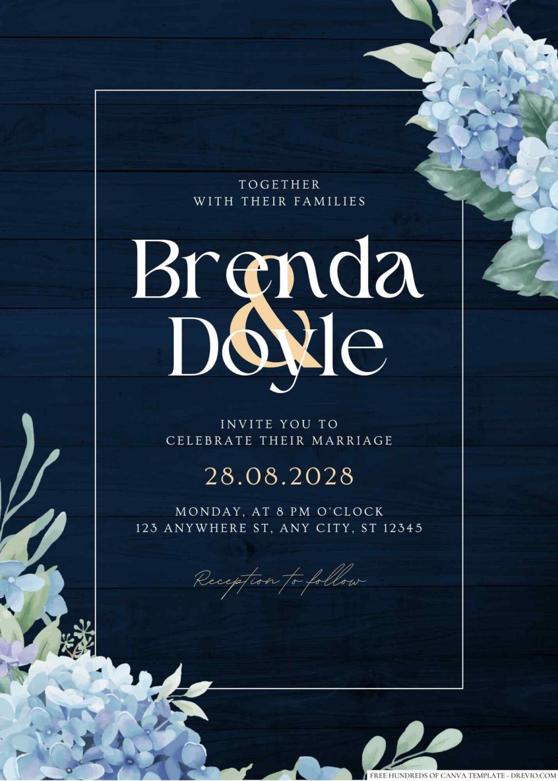 Wood Hydrangea Blue Flower Canva Wedding Invitation Templates