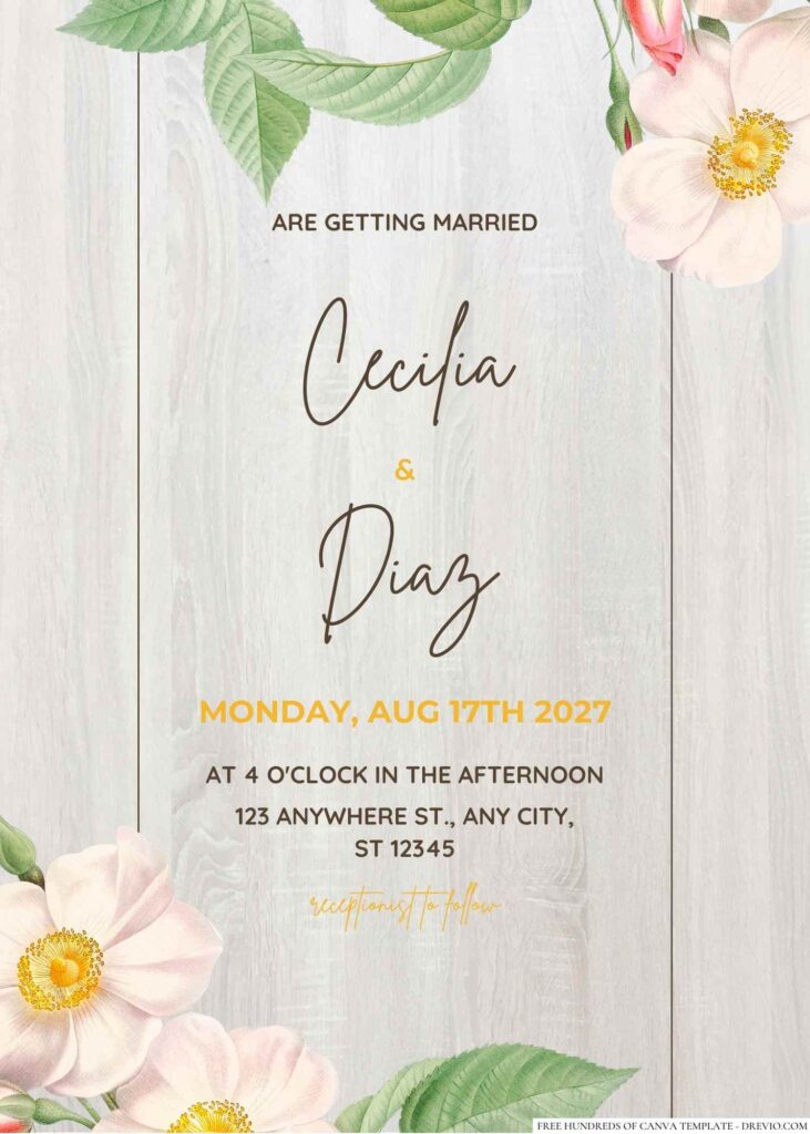 Free Editable Wood Rose White Watercolor Wedding Invitation