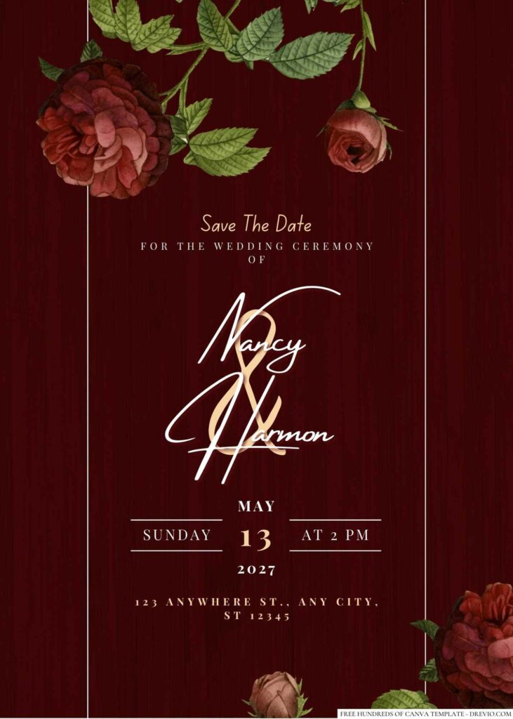Free Editable Wood Red Roses Floral Wedding Invitation