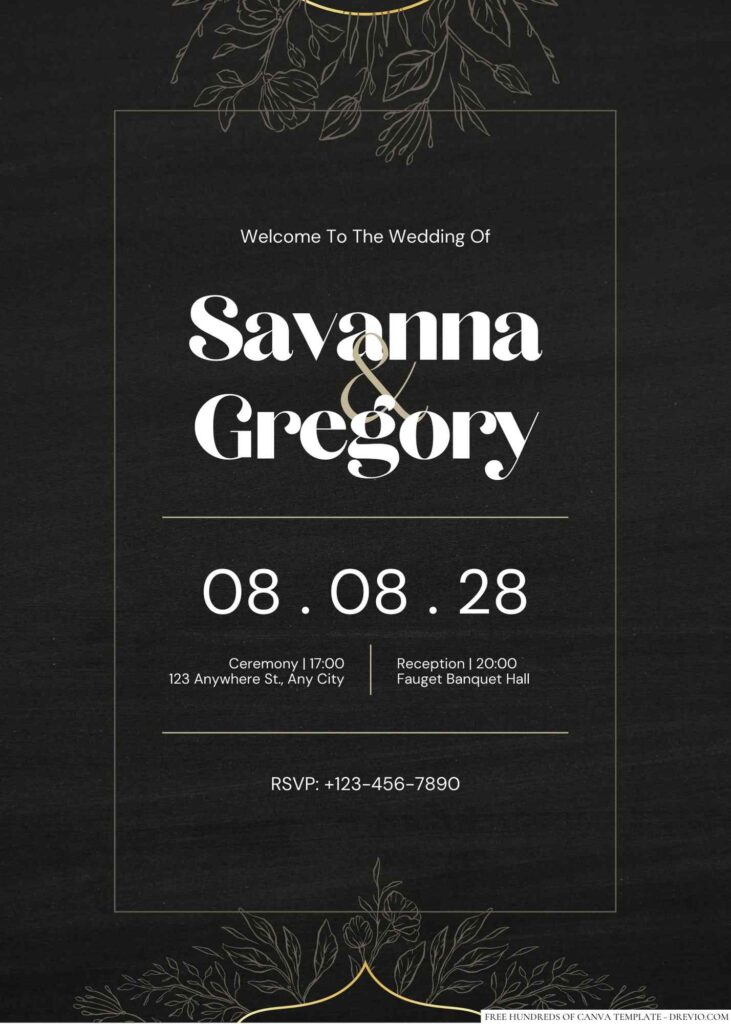 Free Editable Chalkboard Floral Line Gold Circle Wedding Invitation