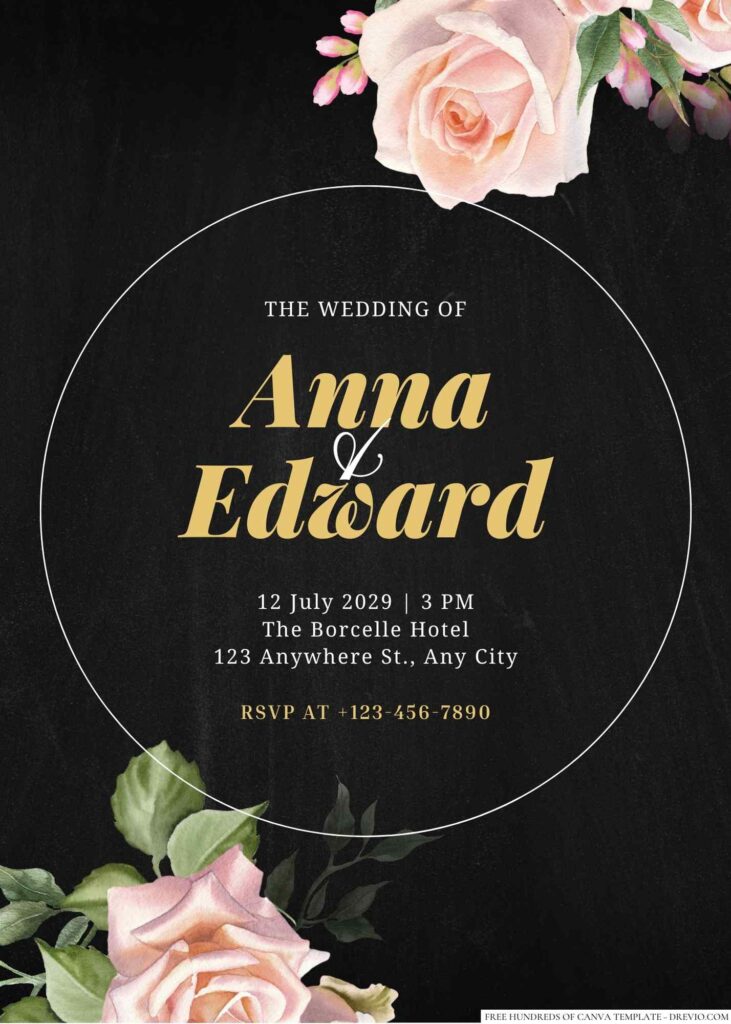 Chalkboard Watercolor Rose Flower Canva Wedding Invitation Templates