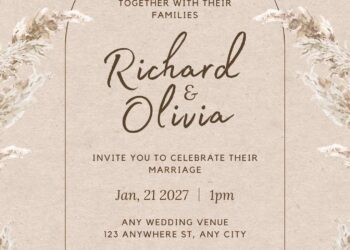 Free Editable Rustic Dried Pampas Grass Wedding Invitation