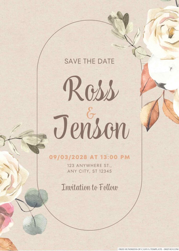 Free Editable Rustic Autumn Flower Watercolor Wedding Invitation 