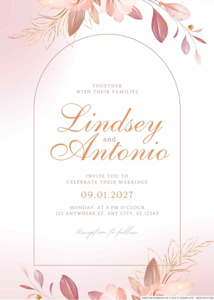 Free Editable Rose Gold Flower Wedding Invitation