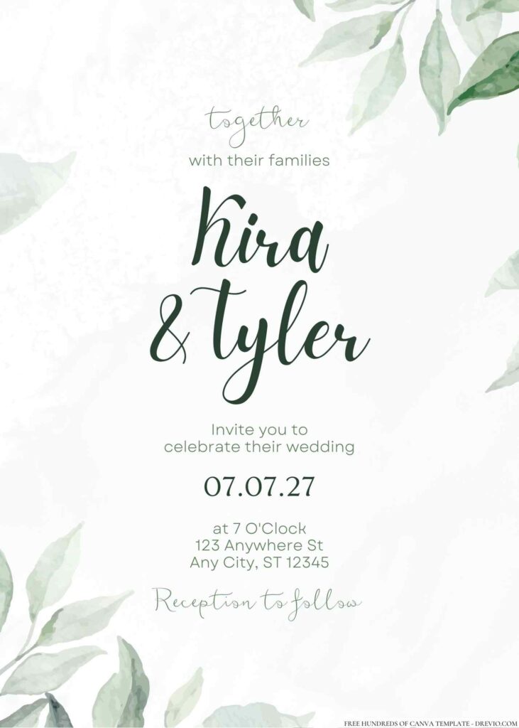 Free Editable Minimalist Greenery Pastel Floral Leaves Wedding Invitation