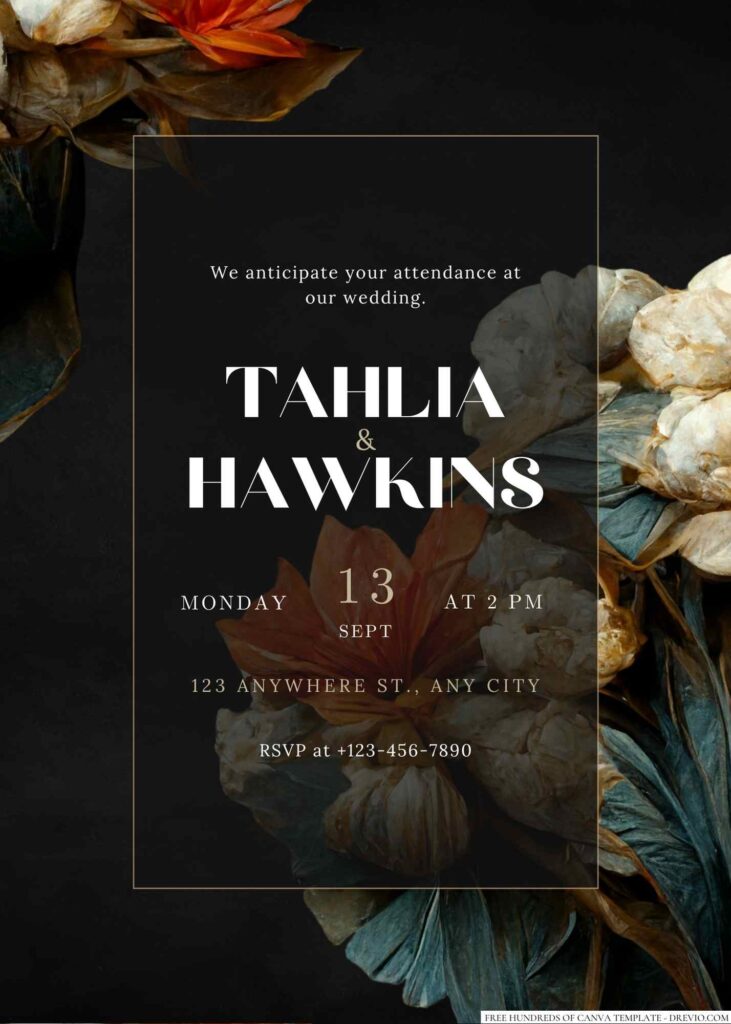 Free Editable Chalkboard Elegant Flower Painting Wedding Invitation