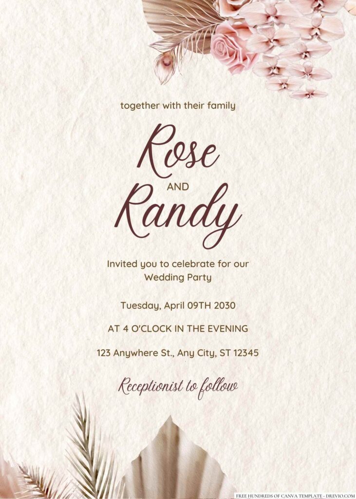 Free Editable Rustic Pampass Grass Tropical Pink Wedding Invitation
