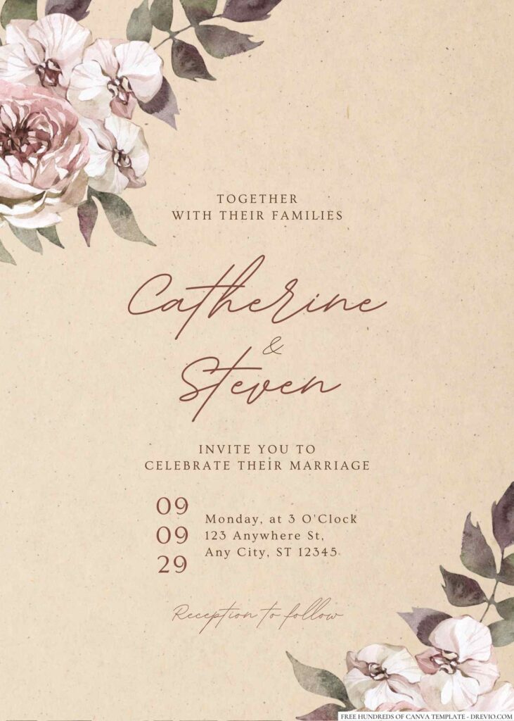 Free Editable Rustic Elegant Pink White Floral Wedding Invitation