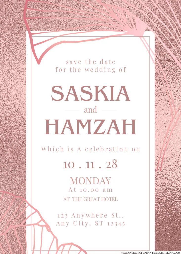 Free Editable Elegant Rose Gold Leaves Wedding Invitation