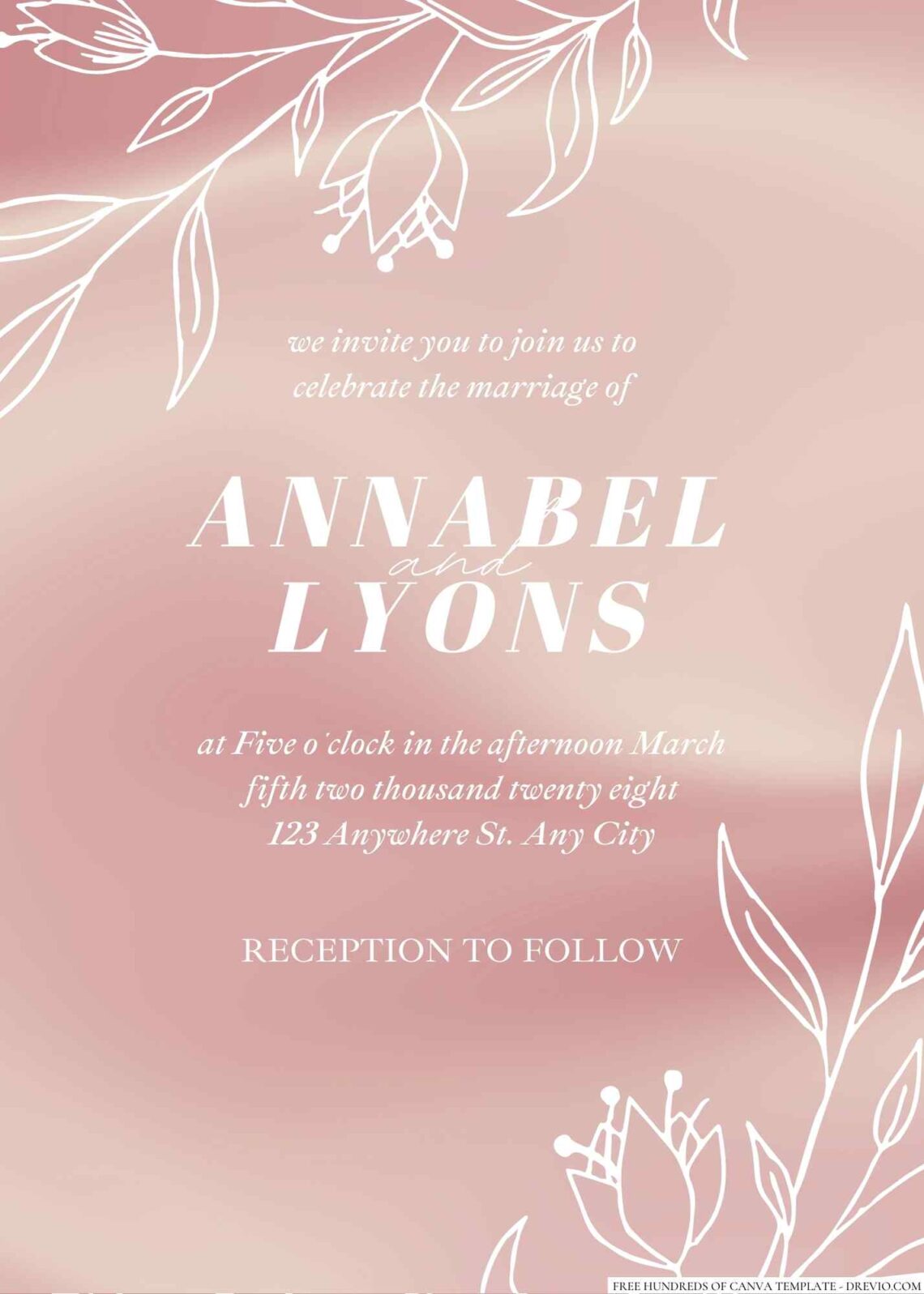 Free Editable Rose Gold Line Floral White Wedding Invitation