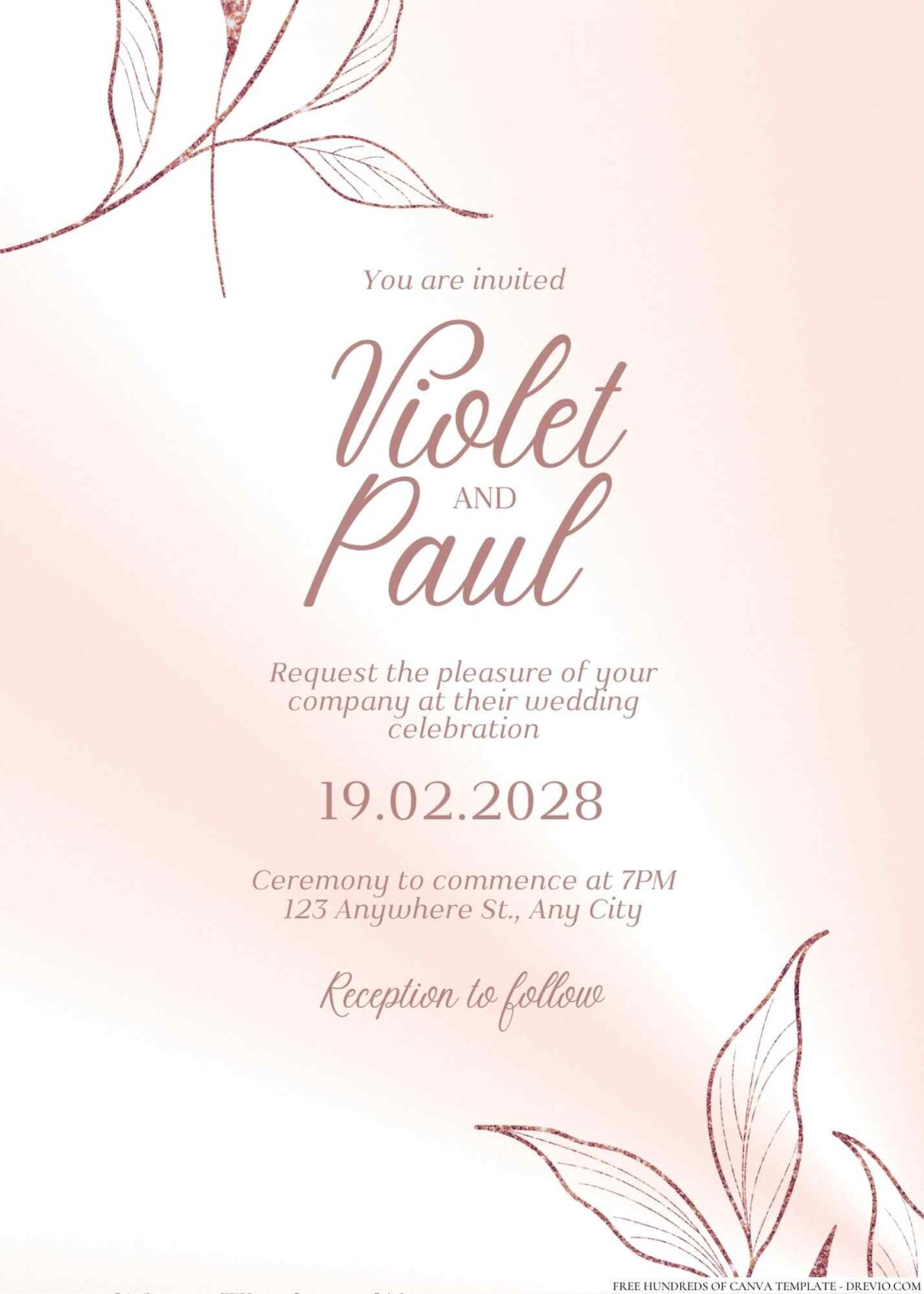 Free Editable Rose Gold Botanical Flower Wedding Invitation