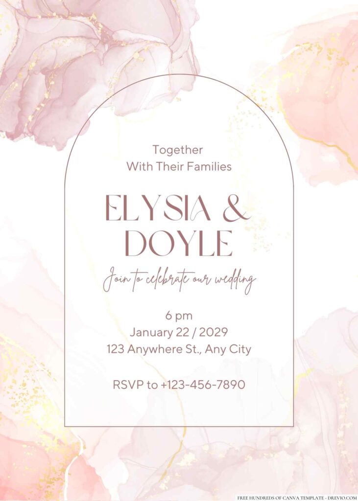 Free Editable Rose Gold Pink Alcohol Ink Wedding Invitation