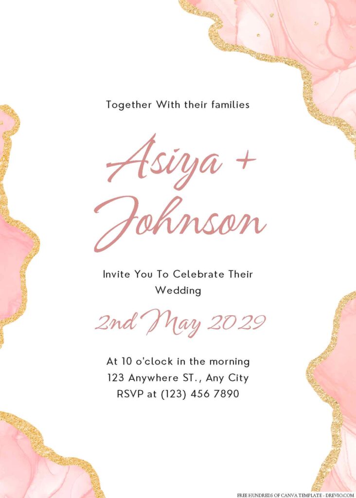Free Editable Rose Gold with Gold Line Wedding Invitation