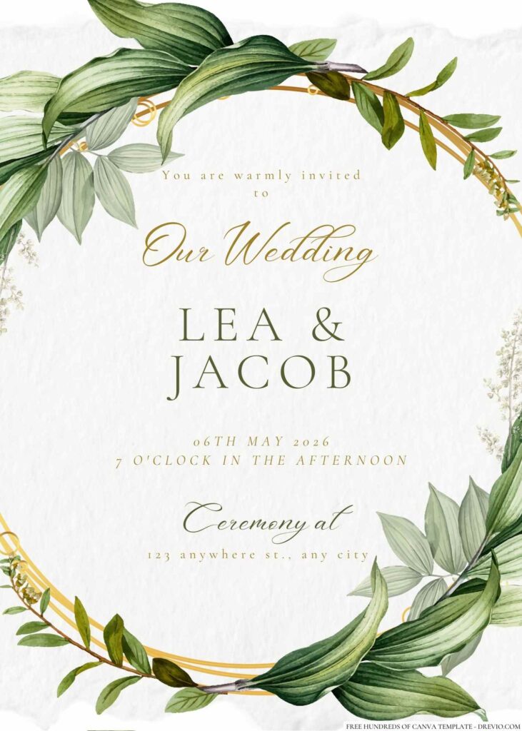 Free Editable Minimalist Greenery Leaves Gold Line Wedding Invitation