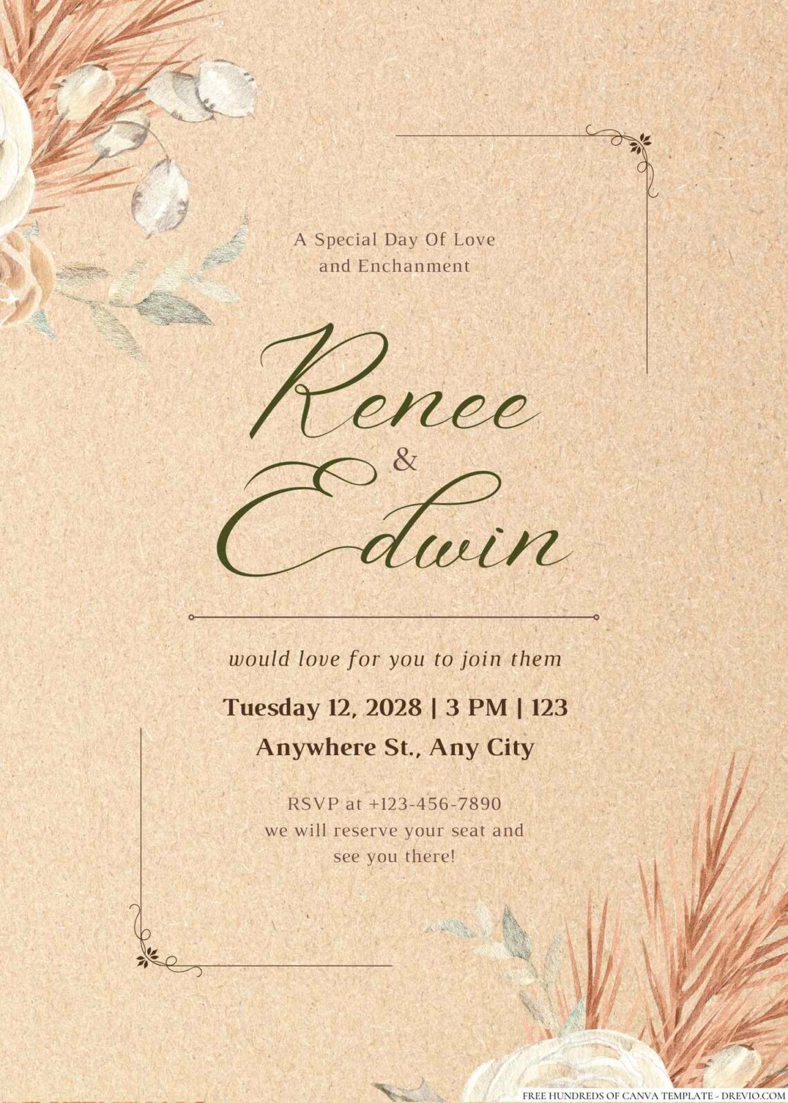 Free Editable Rustic Watercolor Leaves Dried Wedding Invitation