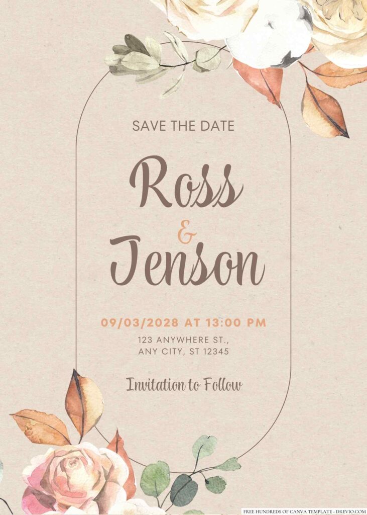 Free Editable Rustic Autumn Flower Watercolor Wedding Invitation 