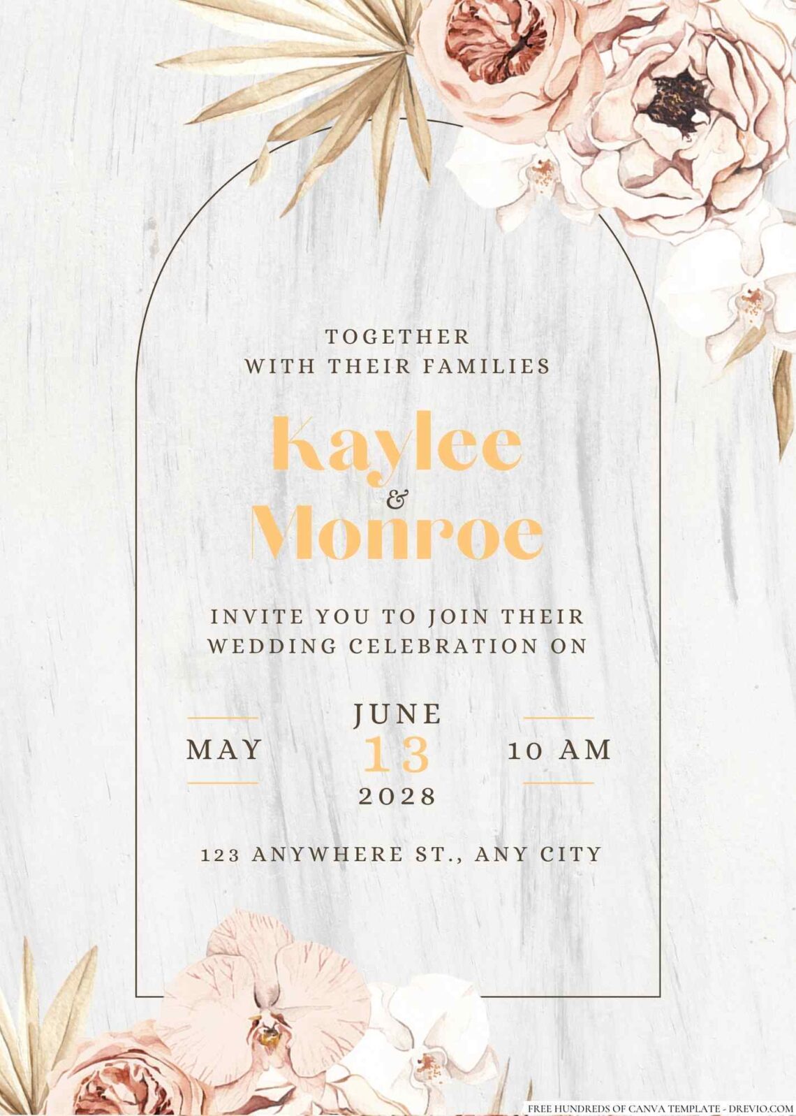 Free Editable Wood Dried Tropical Floral Wedding Invitation