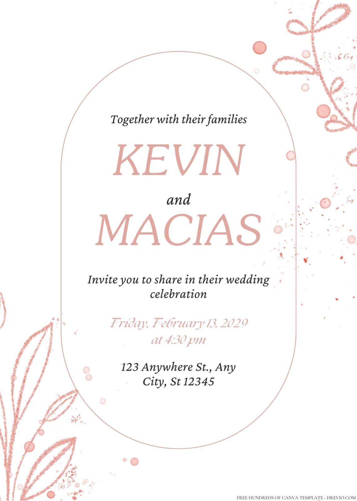 Free Editable Rose Gold Glitter Leaf Wedding Invitation