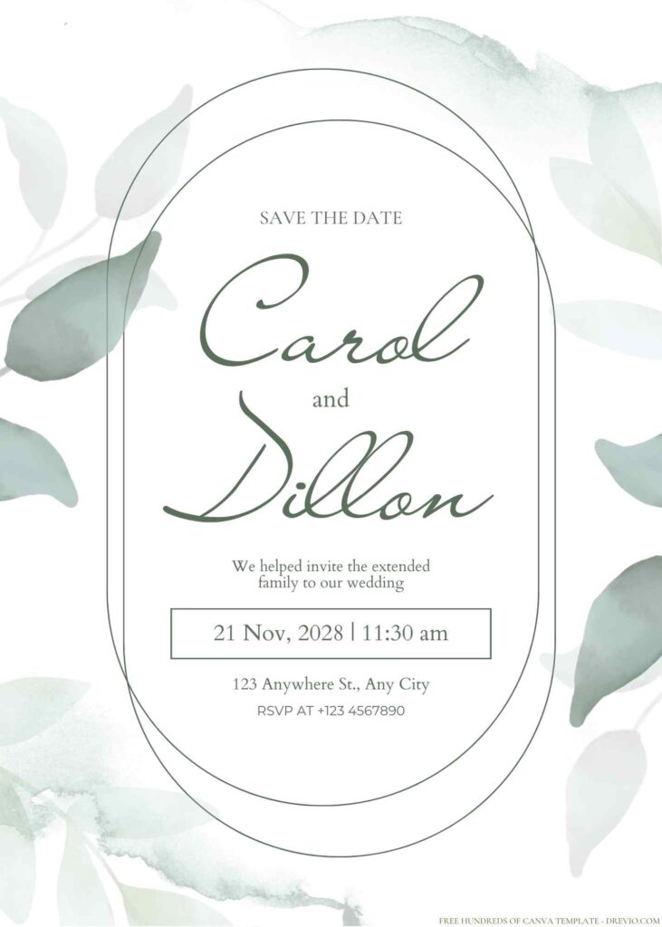 Free Editable Minimalist Dark Green Leaves Wedding Invitation