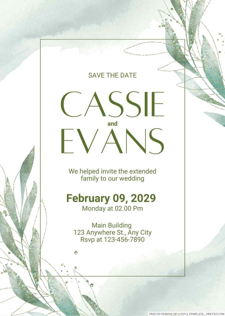 Free Editable Minimalist Green Watercolor Leaves Wedding Invitation