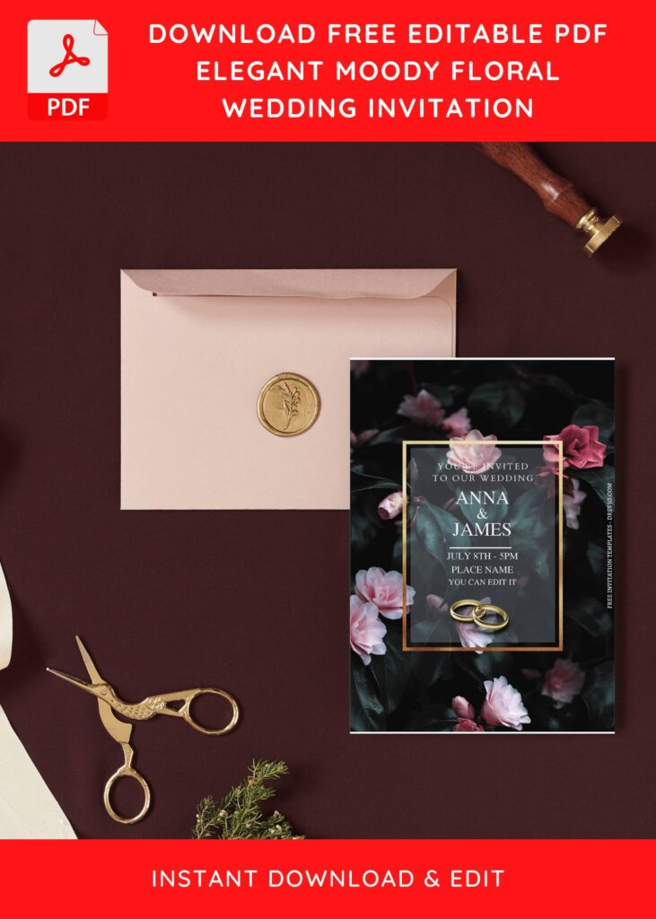 (Free Editable PDF) Dreamy Black Romance Floral Wedding Invitation Templates I