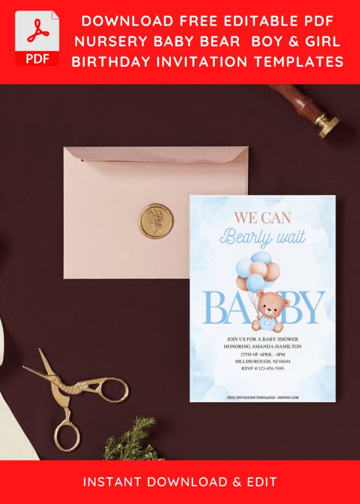 (Free Editable PDF) Nursery Baby Bear Birthday Invitation Templates I