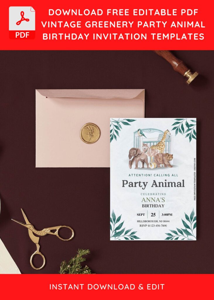 (Free Editable PDF) Vintage Greenery Party Animal Birthday Invitation Templates I