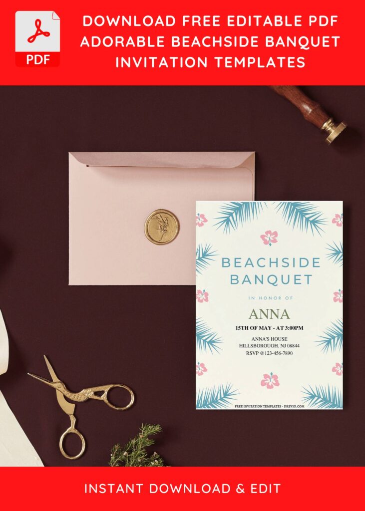 (Free Editable PDF) Beachside Banquet Style Wedding Invitation Templates I