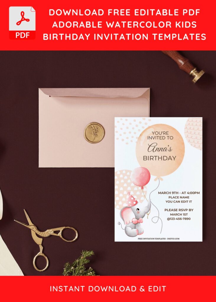 (Free Editable PDF) Cutesy Nursery Baby Elephant Birthday Invitation Templates I