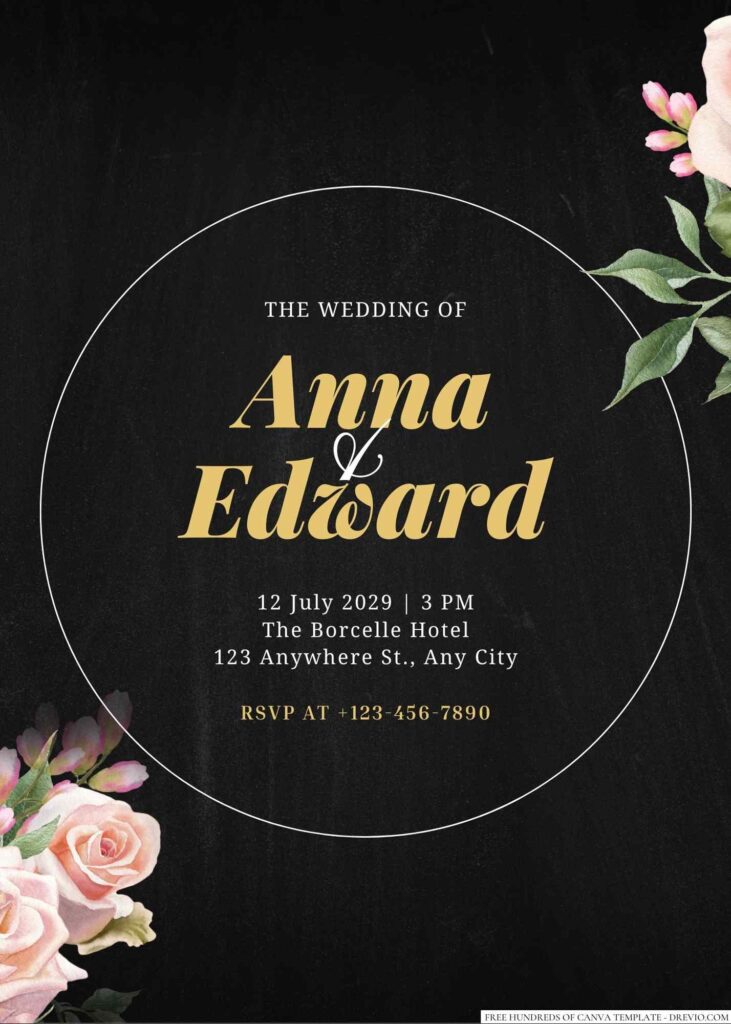 Chalkboard Watercolor Rose Flower Canva Wedding Invitation Templates