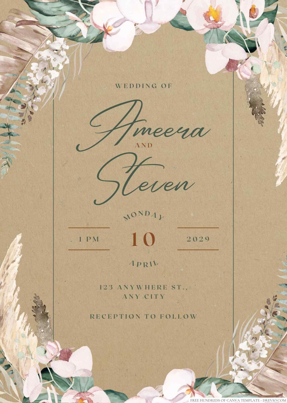 Free Editable Rustic Watercolor Wreath White Wedding Invitation