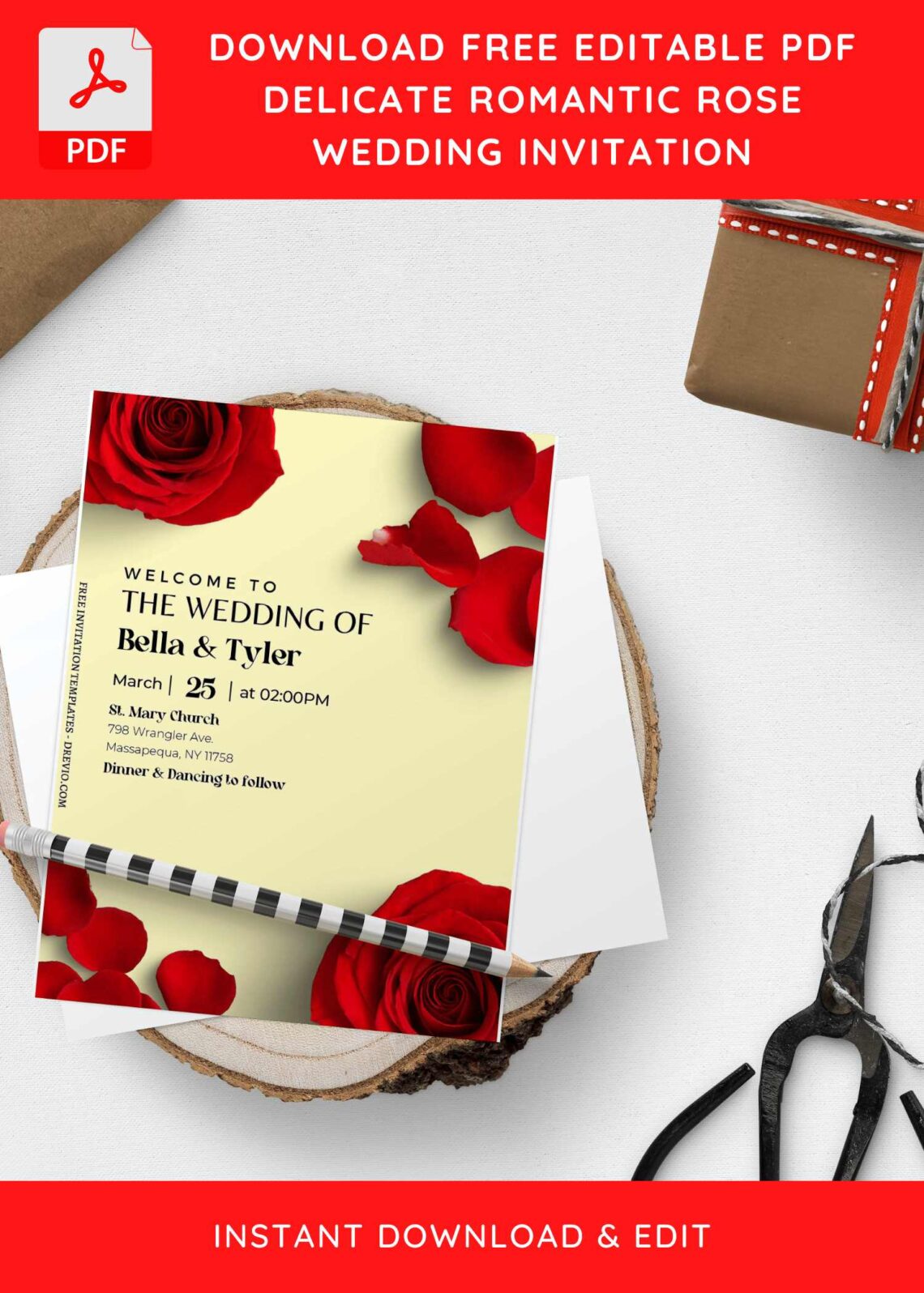 (Free Editable PDF) Glamorous Rose Wedding Invitation Templates H