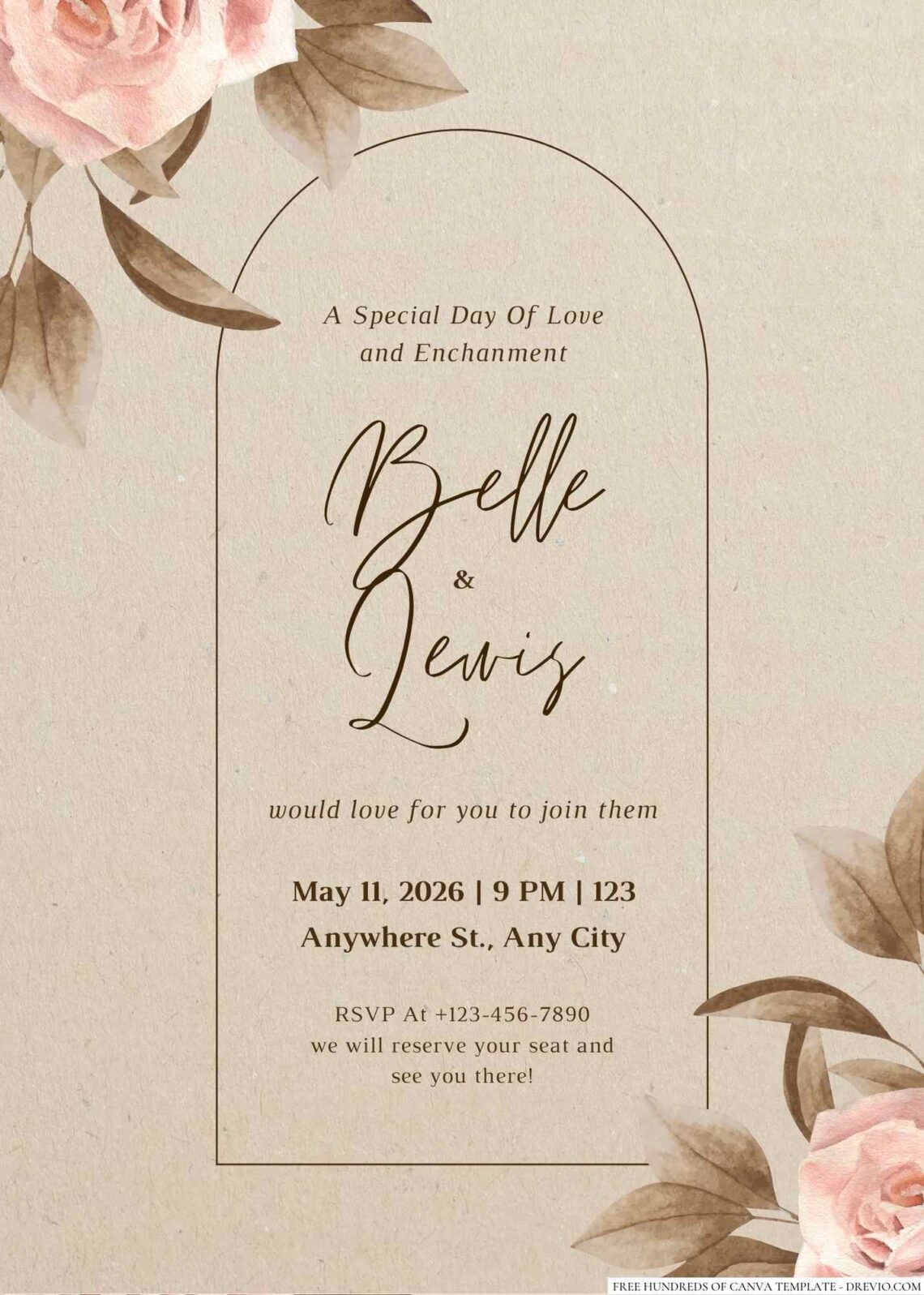 Free Editable Rustic Leaf Brown Floral Wedding Invitation