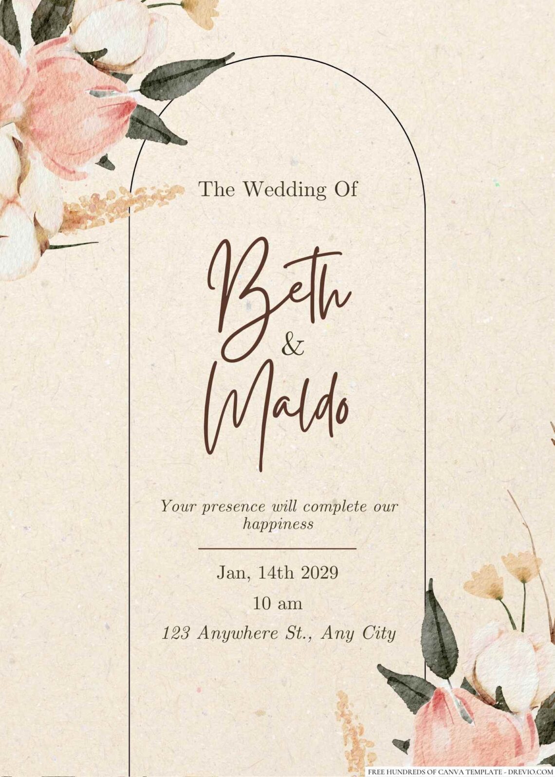 Free Editable Rustic Flower Pink Bouquet Wedding Invitation