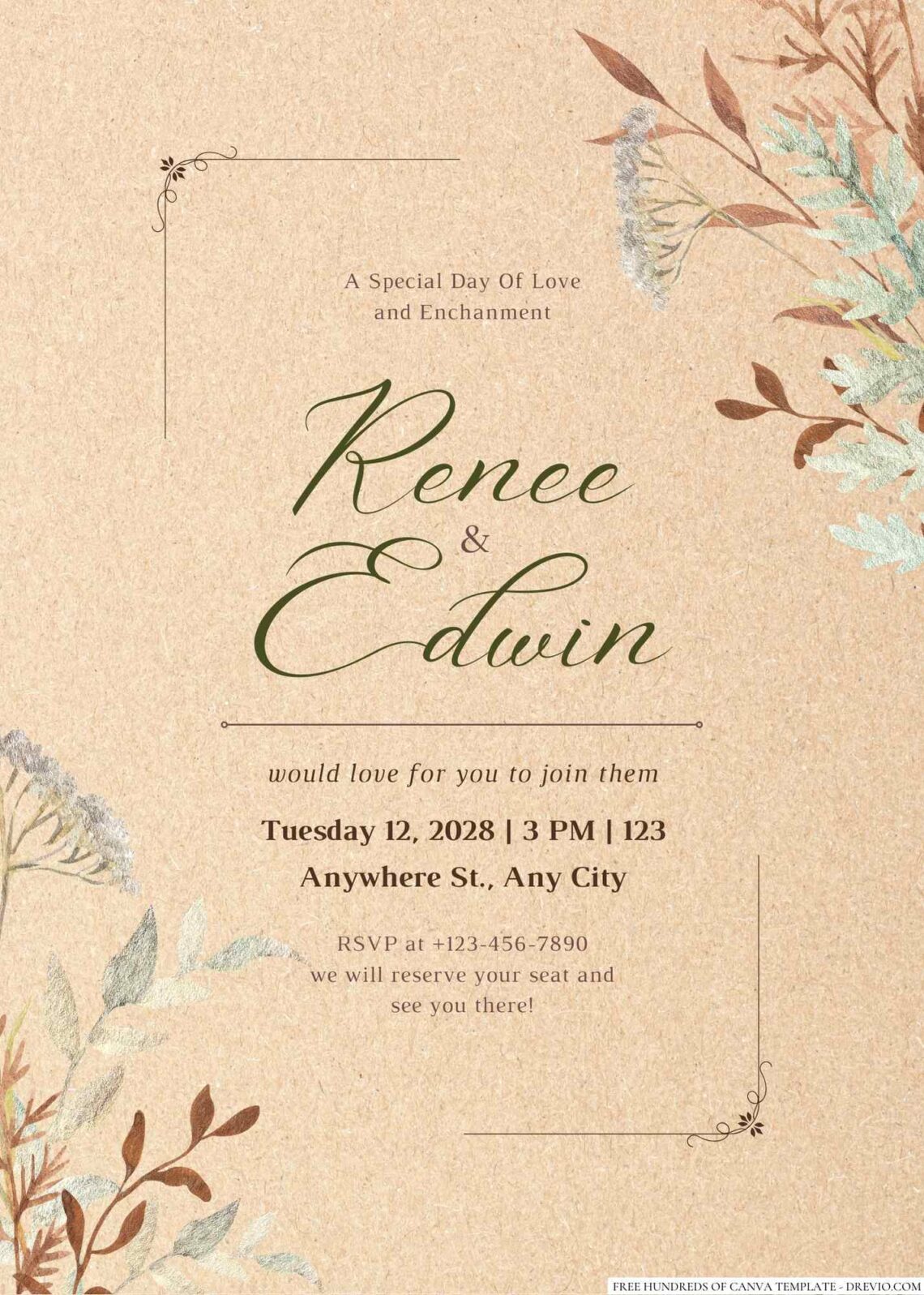 Free Editable Rustic Watercolor Leaves Dried Wedding Invitation