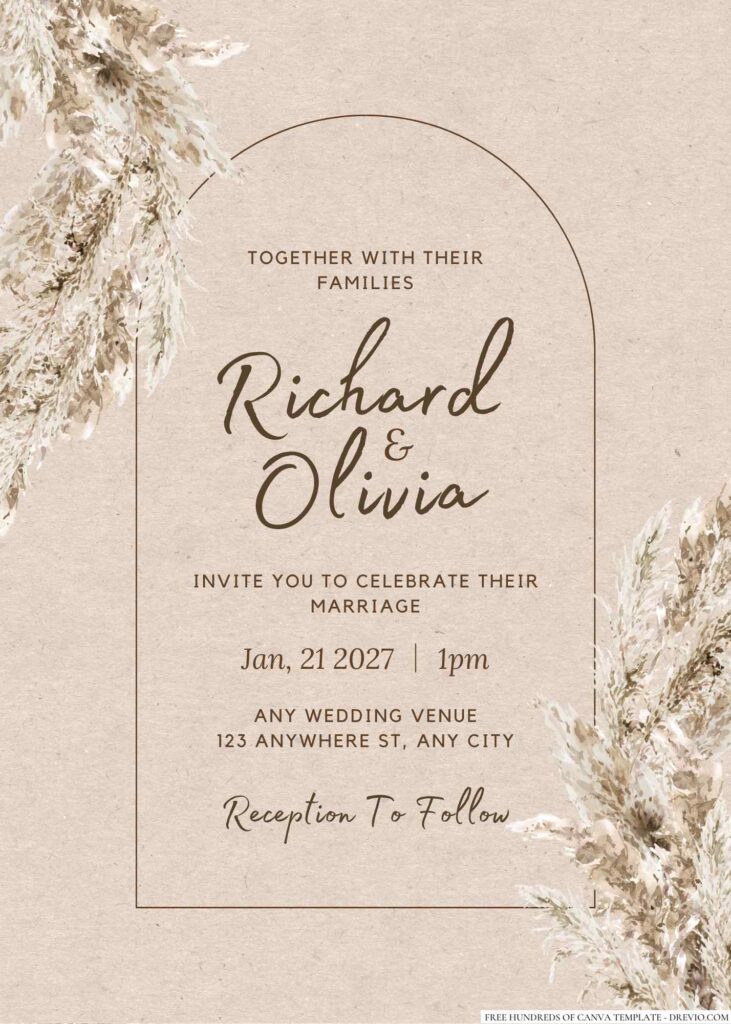 Free Editable  Rustic Dried Pampas Grass Wedding Invitation