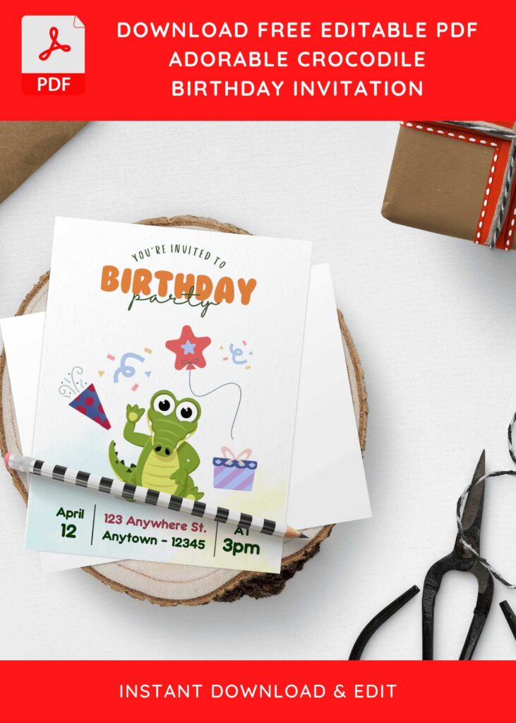 (Free Editable PDF) Chomp In The Swamp Crocodile Birthday Invitation Templates H