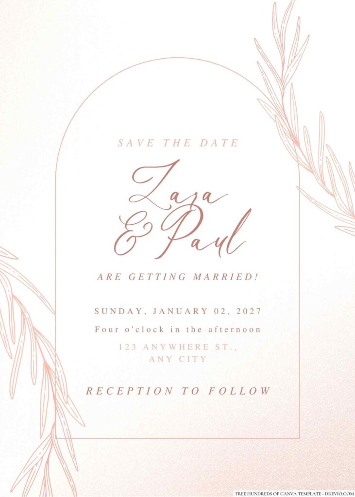 Free Editable Foliage Line Illustration Rose Gold Wedding Invitation