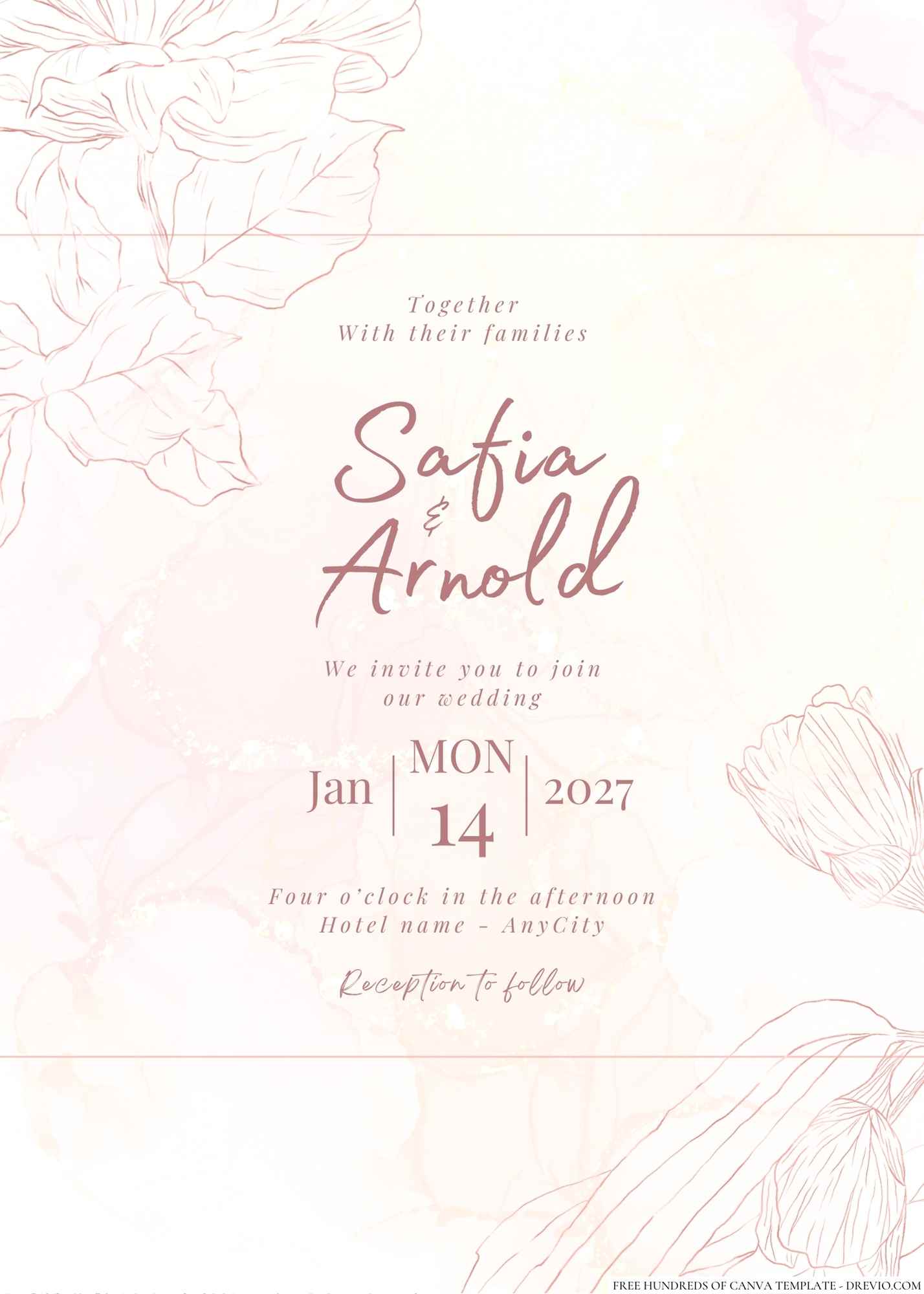 16+ Rose Gold Line Art Canva Wedding Invitation Templates | Download ...