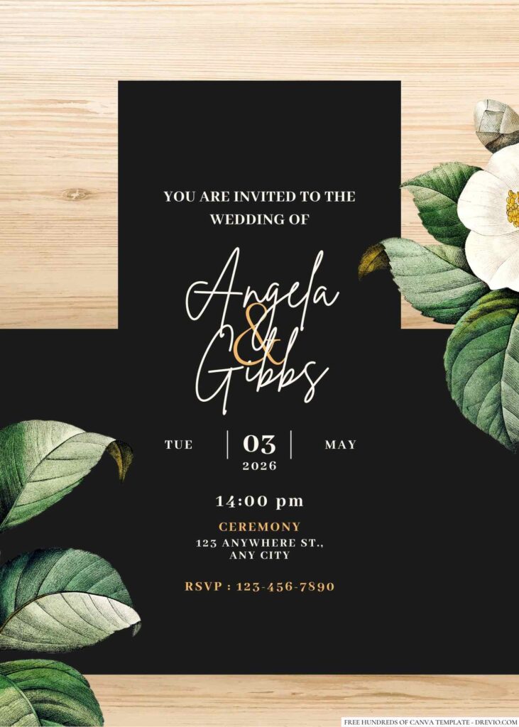 Free Editable Wood Camellia White Flower Wedding Invitation