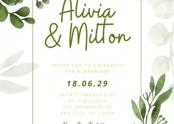 Free Editable Minimalist Greenery Pastel Leaves Floral Wedding Invitation