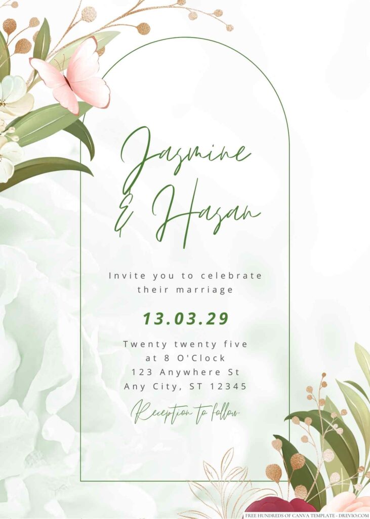 Free Editable Minimalist Greenery Floral Leaves Wedding Invitation