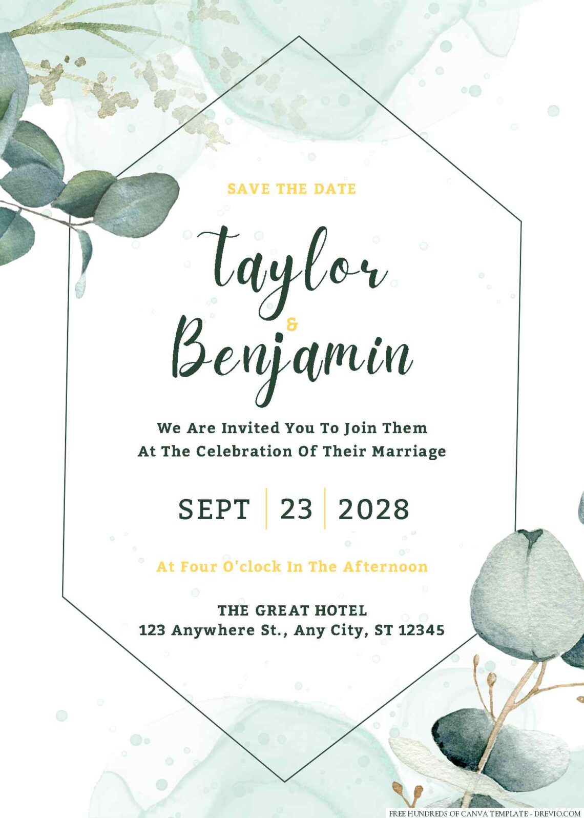Free Editable Minimalist Greenery Watercolor Eucalyptus Wedding Invitation