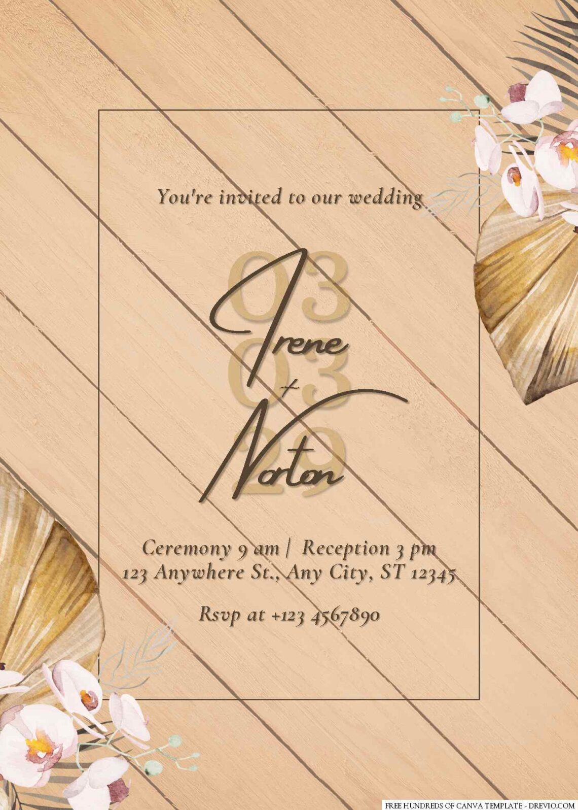 Free Editable Wood Dried Pink Floral Wedding Invitation