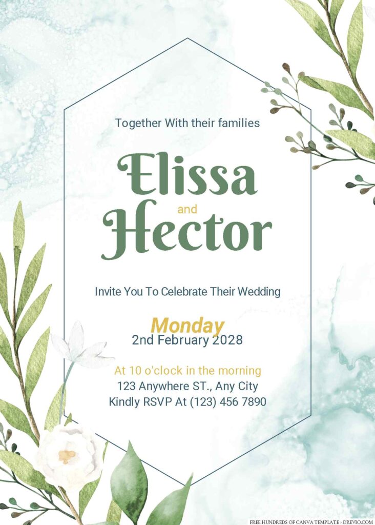 Free Editable Minimalist Greenery Leaves White Floral Wedding Invitation